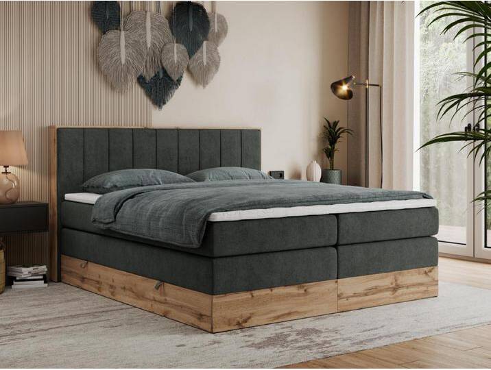 Boxspringbett BELLISSIMO KING - für Schlafzimmer, zwei Multipocket-Matratzen, Set mit Kopfteil und Topper, Holzrahmen - 180x200 cm - H3 - Dunkelgrau Strukture von Kauf-Unique Marketplace