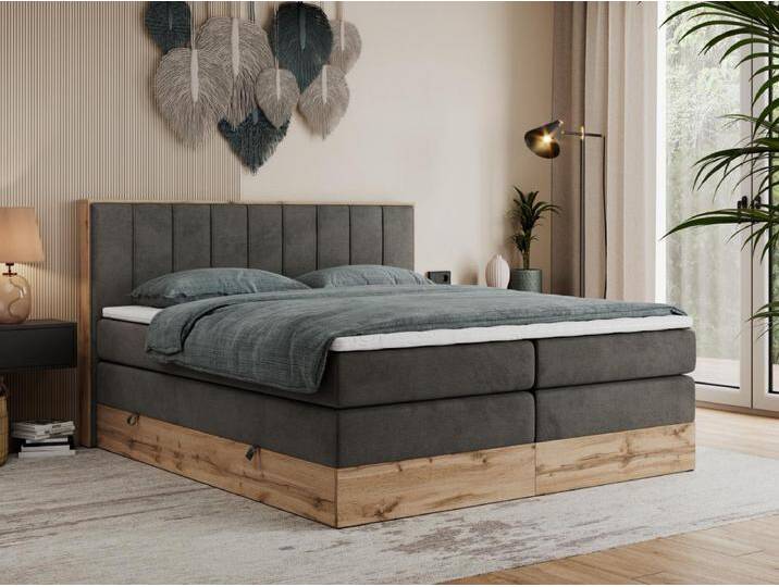 Boxspringbett BELLISSIMO KING - für Schlafzimmer, zwei Multipocket-Matratzen, Set mit Kopfteil und Topper, Holzrahmen - 180x200 cm - H3 - Dunkelgrau Velvet von Kauf-Unique Marketplace