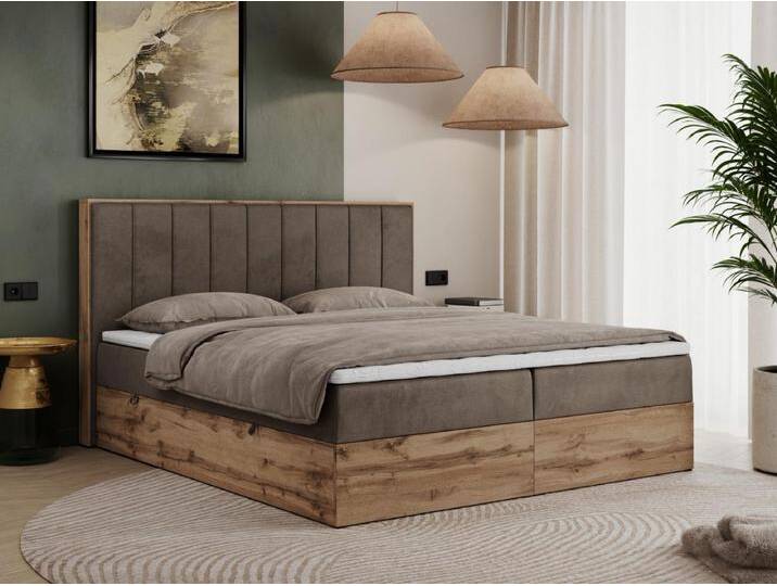 Boxspringbett BELLISSIMO - mit gestepptem Kopfteil, Polsterbett mit zwei Bettkästen, Multipocket-Matratze - 140x200 cm - H4 - Braun Velvet von Kauf-Unique Marketplace