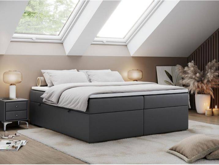 Boxspringbett BESS - Doppelbett mit Stauraum, Polsterbett, Multipocket-Matratzen und Topper - 140x200 cm - H3 - Dunkelgrau Kunstleder von Kauf-Unique Marketplace