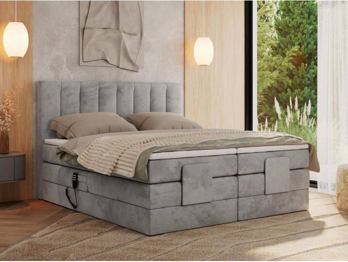 Boxspringbett COMFORTO - Doppelbett, Elektrisch verstellbare, Multipocket-Matratzen und Topper, genähtes Kopfteil - 180x200 cm - H4 - Hellgrau Velvet von Kauf-Unique Marketplace