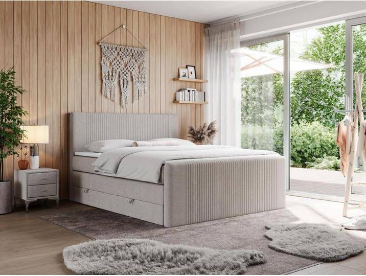 Boxspringbett DOREN KING - mit gesteppter Front und Kopfteil, zwei Multipocket-Matratzen und Topper, Doppelbett - 160x200 cm - H3 - Beige Strukture von Kauf-Unique Marketplace