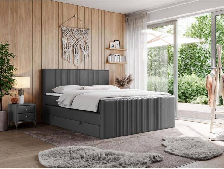 Boxspringbett DOREN KING - mit gesteppter Front und Kopfteil, zwei Multipocket-Matratzen und Topper, Doppelbett - 180x200 cm - H3 - Dunkelgrau Kunstleder von Kauf-Unique Marketplace