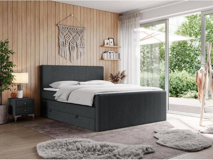 Boxspringbett DOREN KING - mit gesteppter Front und Kopfteil, zwei Multipocket-Matratzen und Topper, Doppelbett - 180x200 cm - H4 - Dunkelgrau Strukture von Kauf-Unique Marketplace