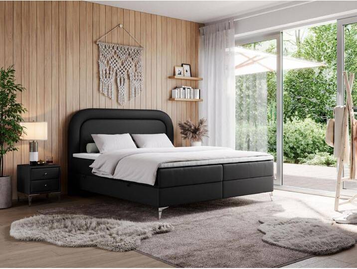 Boxspringbett EIRA - Polsterbett mit Stauraum, Set mit Kopfteil und Multipocket-Matratze, Metallbeine - 140x200 cm - H3 - Schwarz Kunstleder von Kauf-Unique Marketplace