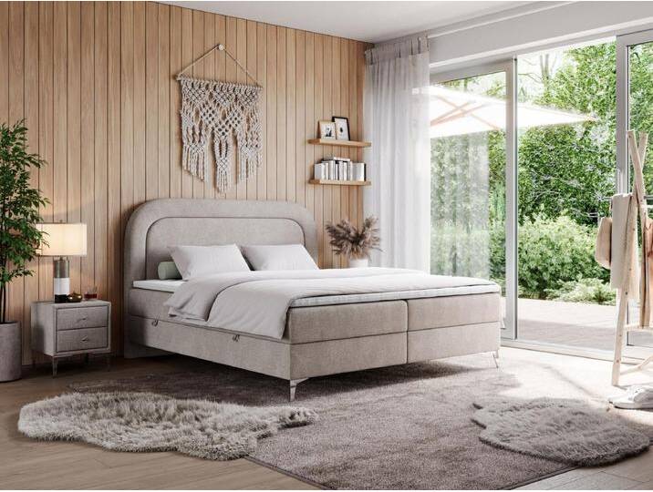 Boxspringbett EIRA - Polsterbett mit Stauraum, Set mit Kopfteil und Multipocket-Matratze, Metallbeine - 200x200 cm - H3 - Beige Strukture von Kauf-Unique Marketplace