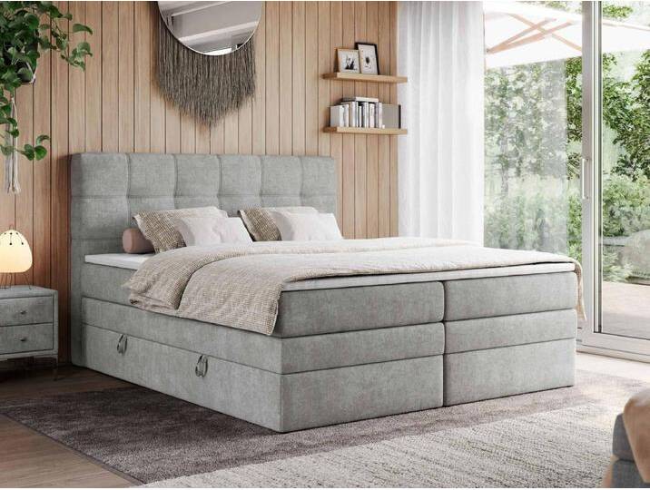 Boxspringbett ERNI KING, gestepptes Kopfteil, zwei Multipocket-Matratze und Topper, mit Stauraum - 120x200 cm - H4 - Hellgrau Strukture von Kauf-Unique Marketplace