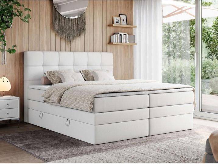 Boxspringbett ERNI KING, gestepptes Kopfteil, zwei Multipocket-Matratze und Topper, mit Stauraum - 180x200 cm - H4 - Weiß Kunstleder von Kauf-Unique Marketplace
