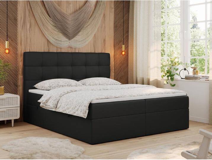 Boxspringbett ERNI - mit gestepptem Kopfteil, Polsterbett, Multipocket-Matratze und Topper, Bettkästen - 160x200 cm - H3 - Schwarz Kunstleder von Kauf-Unique Marketplace
