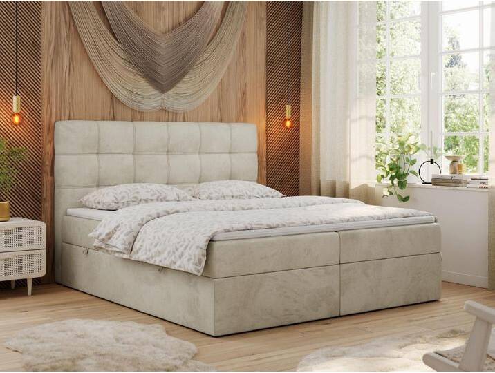 Boxspringbett ERNI - mit gestepptem Kopfteil, Polsterbett, Multipocket-Matratze und Topper, Bettkästen - 160x200 cm - H4 - Beige Velvet von Kauf-Unique Marketplace