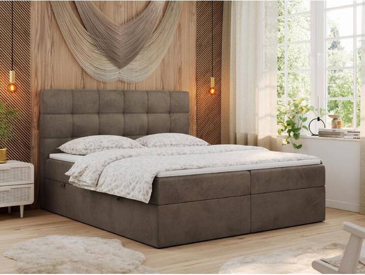 Boxspringbett ERNI - mit gestepptem Kopfteil, Polsterbett, Multipocket-Matratze und Topper, Bettkästen - 160x200 cm - H4 - Braun Velvet von Kauf-Unique Marketplace