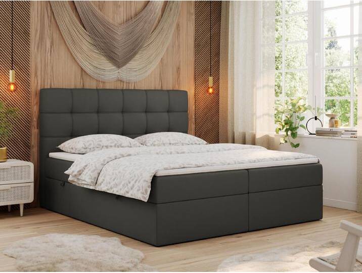 Boxspringbett ERNI - mit gestepptem Kopfteil, Polsterbett, Multipocket-Matratze und Topper, Bettkästen - 180x200 cm - H3 - Dunkelgrau Kunstleder von Kauf-Unique Marketplace