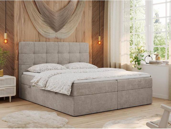 Boxspringbett ERNI - mit gestepptem Kopfteil, Polsterbett, Multipocket-Matratze und Topper, Bettkästen - 180x200 cm - H4 - Beige Stukture von Kauf-Unique Marketplace