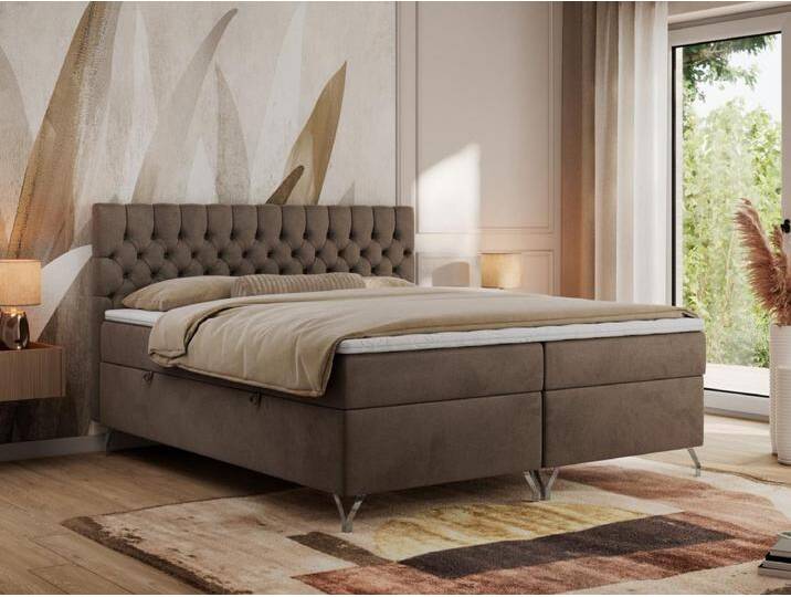 Boxspringbett GRIMALDI mit zwei Bettkästen, gesteppter Kopfstütze, Metallfüßen - 200x200 cm - H4 - Braun Velvet von Kauf-Unique Marketplace