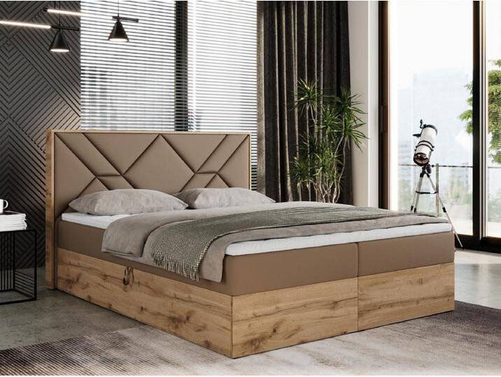Boxspringbett GUNAR - gepolster kopfteil, Doppelbett mit Multipocket-Matratze, zwei Bettkästen - 200x200 cm - H4 - Braun Kunstleder von Kauf-Unique Marketplace