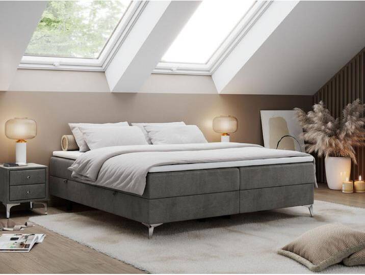 Boxspringbett LESS - Doppelbett mit zwei Bettkästen, 7 Härtezonen Multipocket-Matratzen, hohe Metallbeine - 200x200 cm - H4 - Dunkelgrau Velvet von Kauf-Unique Marketplace