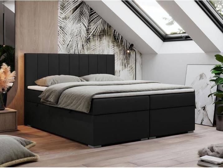 Boxspringbett LOPE - genähtes Kopfteil, Doppelbett mit Stauraum, Multipocket-Matratze, Topper - 120x200 cm - H3 - Schwarz Kunstleder von Kauf-Unique Marketplace