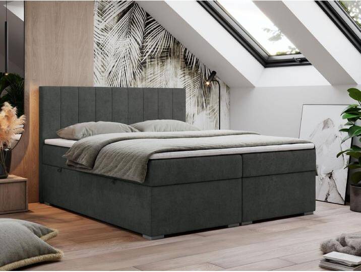 Boxspringbett LOPE - genähtes Kopfteil, Doppelbett mit Stauraum, Multipocket-Matratze, Topper - 200x200 cm - H3 - Dunkelgrau Strukture von Kauf-Unique Marketplace