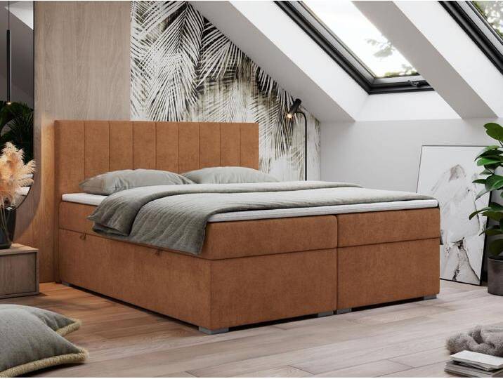 Boxspringbett LOPE - genähtes Kopfteil, Doppelbett mit Stauraum, Multipocket-Matratze, Topper - 200x200 cm - H4 - Orange Strukture von Kauf-Unique Marketplace