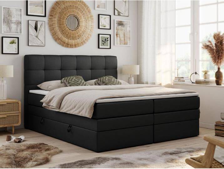 Boxspringbett LUKA KING, mit gestepptem Kopfteil, zwei Bettkästen, Multipocket-Matratze und Topper - 120x200 cm - H4 - Schwarz Kunstleder von Kauf-Unique Marketplace