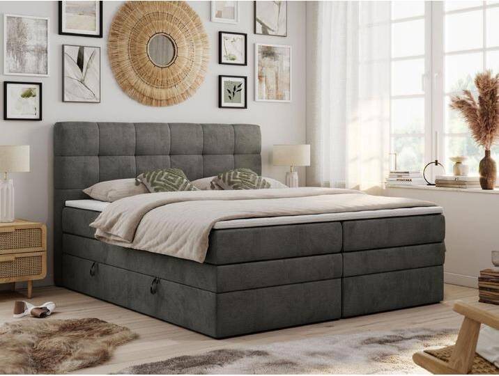 Boxspringbett LUKA KING, mit gestepptem Kopfteil, zwei Bettkästen, Multipocket-Matratze und Topper - 140x200 cm - H4 - Dunkelgrau Velvet von Kauf-Unique Marketplace