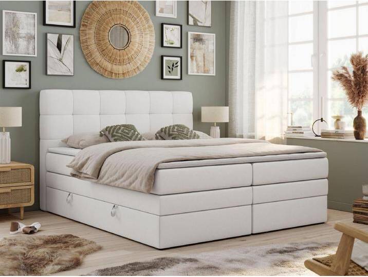 Boxspringbett LUKA KING, mit gestepptem Kopfteil, zwei Bettkästen, Multipocket-Matratze und Topper - 160x200 cm - H4 - Weiß Kunstleder von Kauf-Unique Marketplace