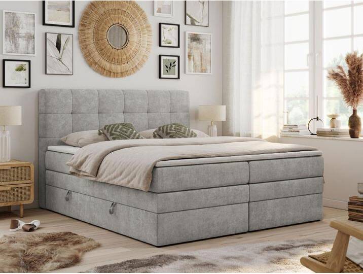 Boxspringbett LUKA KING, mit gestepptem Kopfteil, zwei Bettkästen, Multipocket-Matratze und Topper - 180x200 cm - H3 - Hellgrau Strukture von Kauf-Unique Marketplace