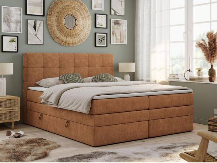 Boxspringbett LUKA KING, mit gestepptem Kopfteil, zwei Bettkästen, Multipocket-Matratze und Topper - 200x200 cm - H4 - Orange Strukture von Kauf-Unique Marketplace