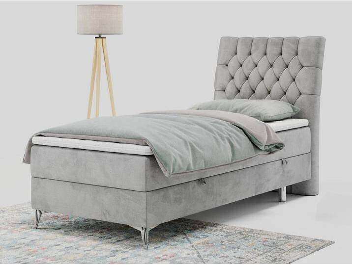 Boxspringbett MILEN - Polsterbett auf Metallbeine, Set mit Multipocket-Matratze, Gesteppte Kopfstütze - 90x200 cm - H3 - Hellgrau Velvet - Rechts Seite von Kauf-Unique Marketplace