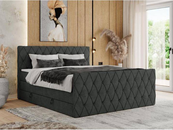 Boxspringbett MIREN KING DUO - für Schlafzimmer mit zwei Multipocket-Matratzen und Topper, gestepptes Kopfteil und Front - 140x200 cm - H4 - Dunkelgrau Strukture von Kauf-Unique Marketplace