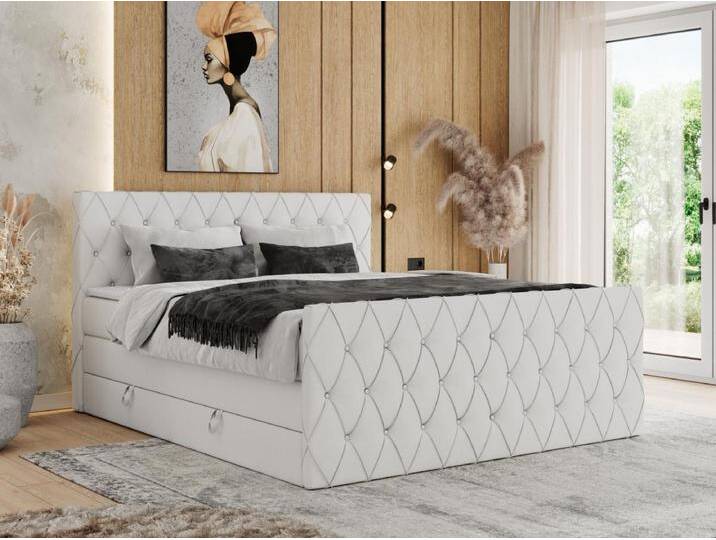 Boxspringbett MIREN KING DUO - für Schlafzimmer mit zwei Multipocket-Matratzen und Topper, gestepptes Kopfteil und Front - 200x200 cm - H3 - Weiß Kunstleder von Kauf-Unique Marketplace