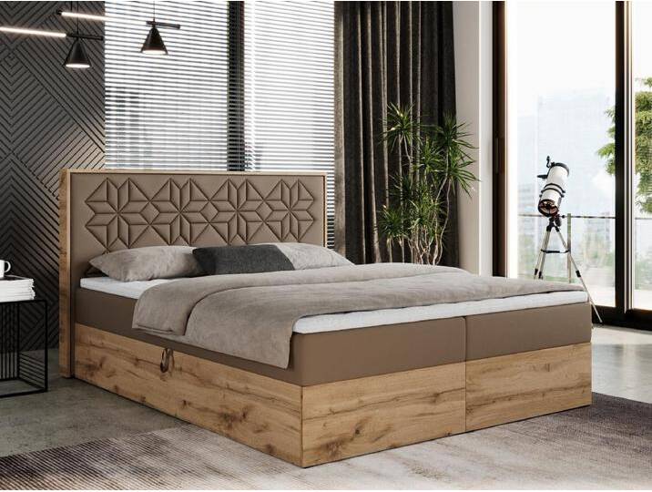 Boxspringbett NESSI - mit hoher Kopfstütze, Multipocket-Matratze und Topper, Doppelbett mit Bettkästen - 120x200 cm - H3 - Braun Kunstleder von Kauf-Unique Marketplace
