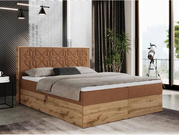 Boxspringbett NESSI - mit hoher Kopfstütze, Multipocket-Matratze und Topper, Doppelbett mit Bettkästen - 200x200 cm - H3 - Orange Strukture von Kauf-Unique Marketplace