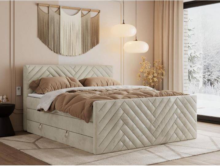 Boxspringbett PARIS KING DUO - dekorative Kopfstütze und Front, zwei Multipocket-Matratze mit Topper - 140x200 cm - H3 - Beige Velvet von Kauf-Unique Marketplace