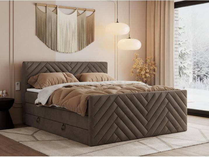 Boxspringbett PARIS KING DUO - dekorative Kopfstütze und Front, zwei Multipocket-Matratze mit Topper - 140x200 cm - H4 - Braun Velvet von Kauf-Unique Marketplace