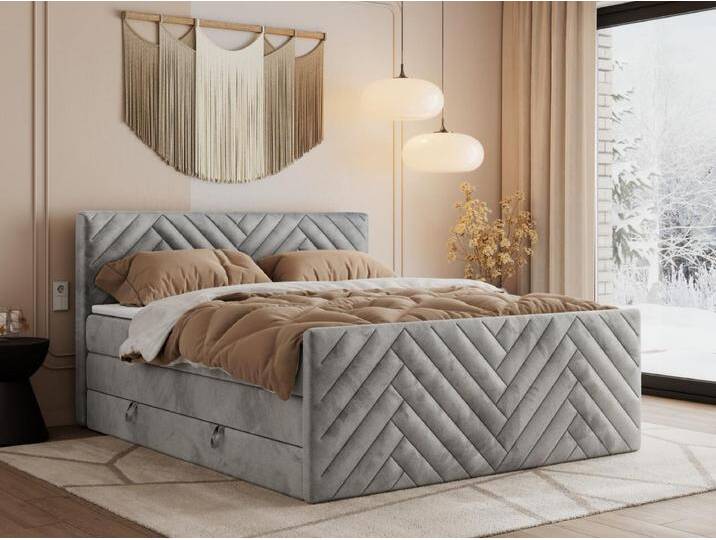 Boxspringbett PARIS KING DUO - dekorative Kopfstütze und Front, zwei Multipocket-Matratze mit Topper - 180x200 cm - H4 - Hellgrau Velvet Boxspringbett PARIS KING DUO - dekorative Kopfstütze und Front, zwei Multipocket-Matratze mit Topper - 180x200 cm - H4 - Hellgrau Velvet von Kauf-Unique Marketplace