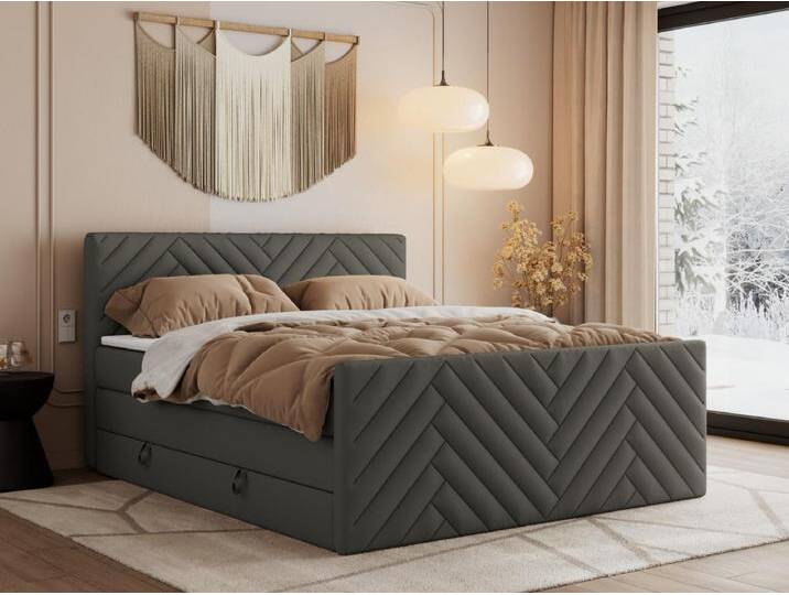 Boxspringbett PARIS KING DUO - dekorative Kopfstütze und Front, zwei Multipocket-Matratze mit Topper - 200x200 cm - H3 - Grau Kunstleder Boxspringbett PARIS KING DUO - dekorative Kopfstütze und Front, zwei Multipocket-Matratze mit Topper - 200x200 cm - H3 - Grau Kunstleder von Kauf-Unique Marketplace