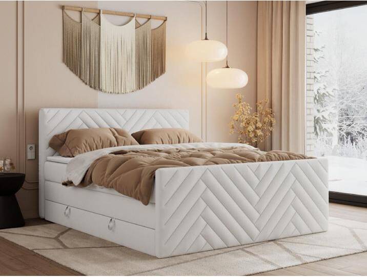 Boxspringbett PARIS KING DUO - dekorative Kopfstütze und Front, zwei Multipocket-Matratze mit Topper - 200x200 cm - H4 - Weiß Kunstleder von Kauf-Unique Marketplace