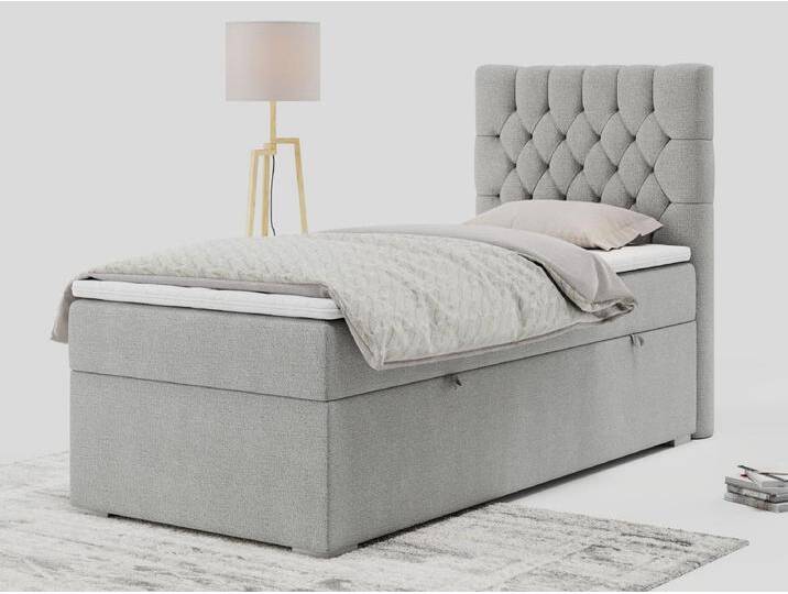 Boxspringbett PERA - Einzelbett mit Kopfstütze, Polsterbett, Multipocket-Matratze, genähtes Kopfteil - 90x200 cm - H3 - Hellgrau Strukture - Rechts Seite von Kauf-Unique Marketplace