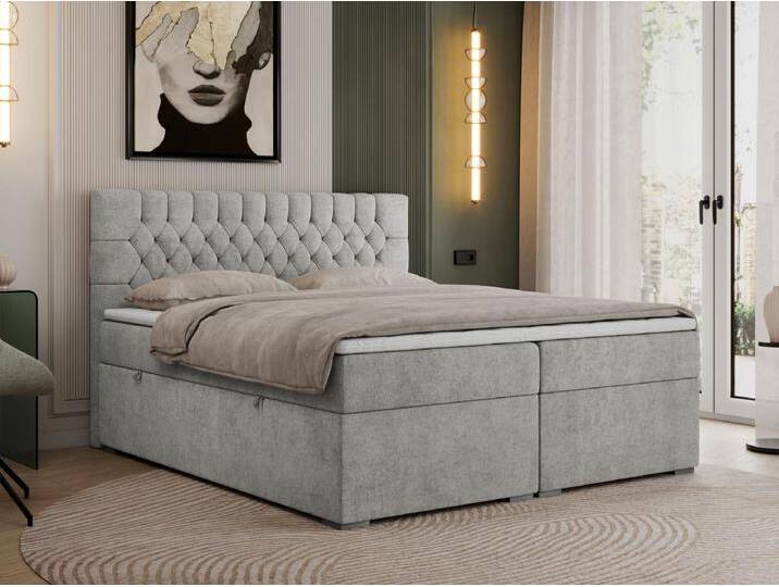 Boxspringbett PERA - gesteppte Kopfstütze, Multipocket-Matratze und Topper, Doppelbett mit Stauraum - 180x200 cm - H4 - Hellgrau Strukture von Kauf-Unique Marketplace