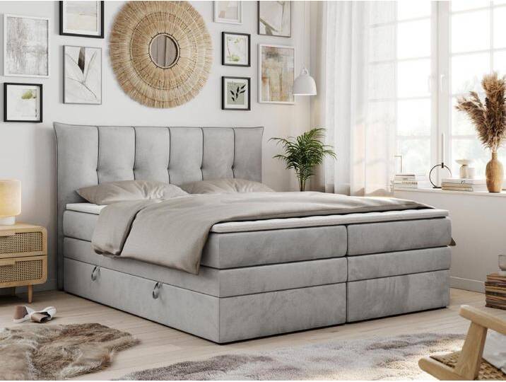 Boxspringbett PREMIUM 10 KING, Doppelbett mit Stauraum, gesteppte Kopfstütze, Multipocket-Matratze - 120x200 cm - H4 - Hellgrau Velvet von Kauf-Unique Marketplace