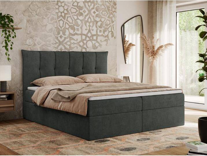 Boxspringbett PREMIUM 10 mit Multipocket-Matratze, gesteppte Kopfstütze, zwei Bettkästen - 200x200 cm - H3 - Dunkelgrau Strukture von Kauf-Unique Marketplace