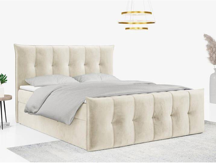 Boxspringbett PREMIUM 11 mit Stauraum, gestepptem Kopfteil, Multipocket-Matratze und Topper - 200x200 cm - H4 - Beige Velvet von Kauf-Unique Marketplace