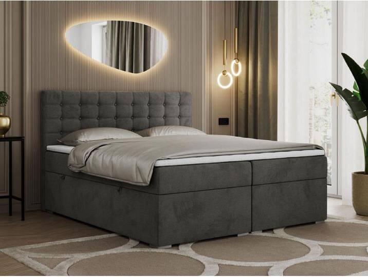 Boxspringbett SUSAN - mit gestepptem Kopfteil, zwei Bettkästen und Topper, gepolstertes Schlafzimmerbett - 180x200 cm - H3 - Dunkelgrau Velvet von Kauf-Unique Marketplace