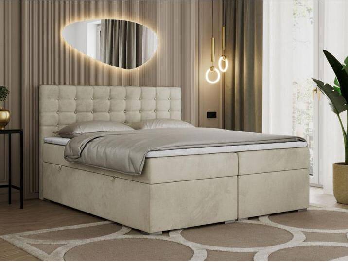 Boxspringbett SUSAN - mit gestepptem Kopfteil, zwei Bettkästen und Topper, gepolstertes Schlafzimmerbett - 180x200 cm - H4 - Beige Velvet von Kauf-Unique Marketplace