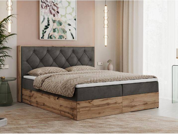 Boxspringbett VENETO - gestepptem Kopfteil, Set mit Multipocket-Matratze und Topper, Holzrahmen, zwei Bettkästen - 140x200 cm - H3 - Dunkelgrau Velvet von Kauf-Unique Marketplace