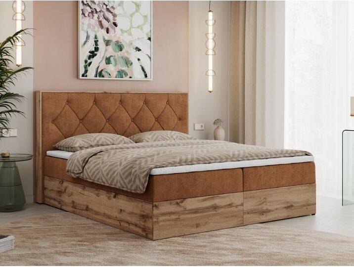 Boxspringbett VENETO - gestepptem Kopfteil, Set mit Multipocket-Matratze und Topper, Holzrahmen, zwei Bettkästen - 140x200 cm - H4 - Orange Strukture von Kauf-Unique Marketplace