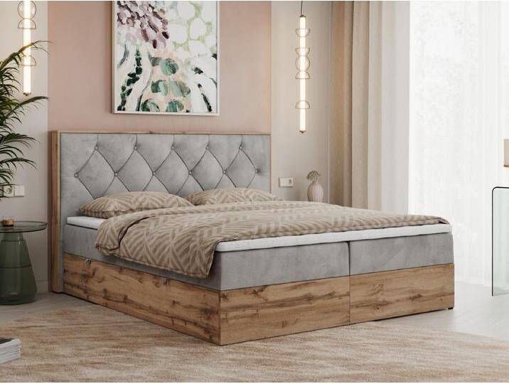 Boxspringbett VENETO - gestepptem Kopfteil, Set mit Multipocket-Matratze und Topper, Holzrahmen, zwei Bettkästen - 160x200 cm - H4 - Hellgrau Velvet von Kauf-Unique Marketplace