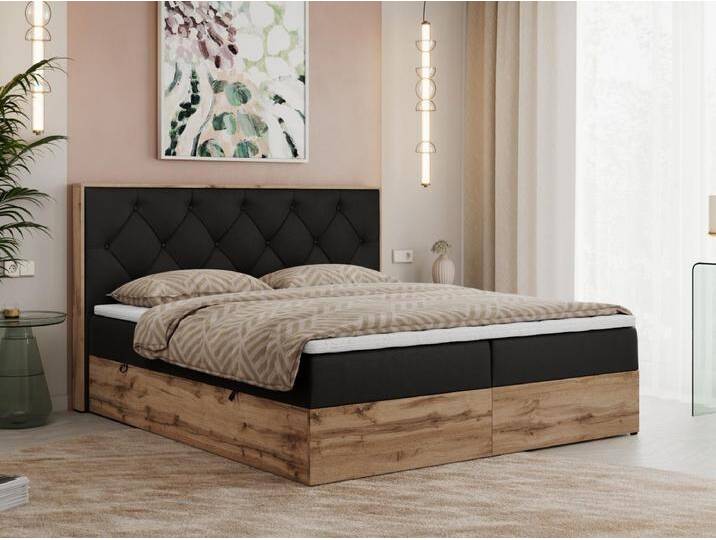 Boxspringbett VENETO - gestepptem Kopfteil, Set mit Multipocket-Matratze und Topper, Holzrahmen, zwei Bettkästen - 160x200 cm - H4 - Schwarz Kunstleder von Kauf-Unique Marketplace