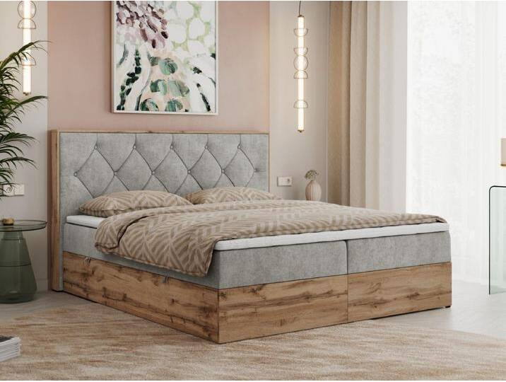 Boxspringbett VENETO - gestepptem Kopfteil, Set mit Multipocket-Matratze und Topper, Holzrahmen, zwei Bettkästen - 180x200 cm - H3 - Hellgrau Strukture von Kauf-Unique Marketplace